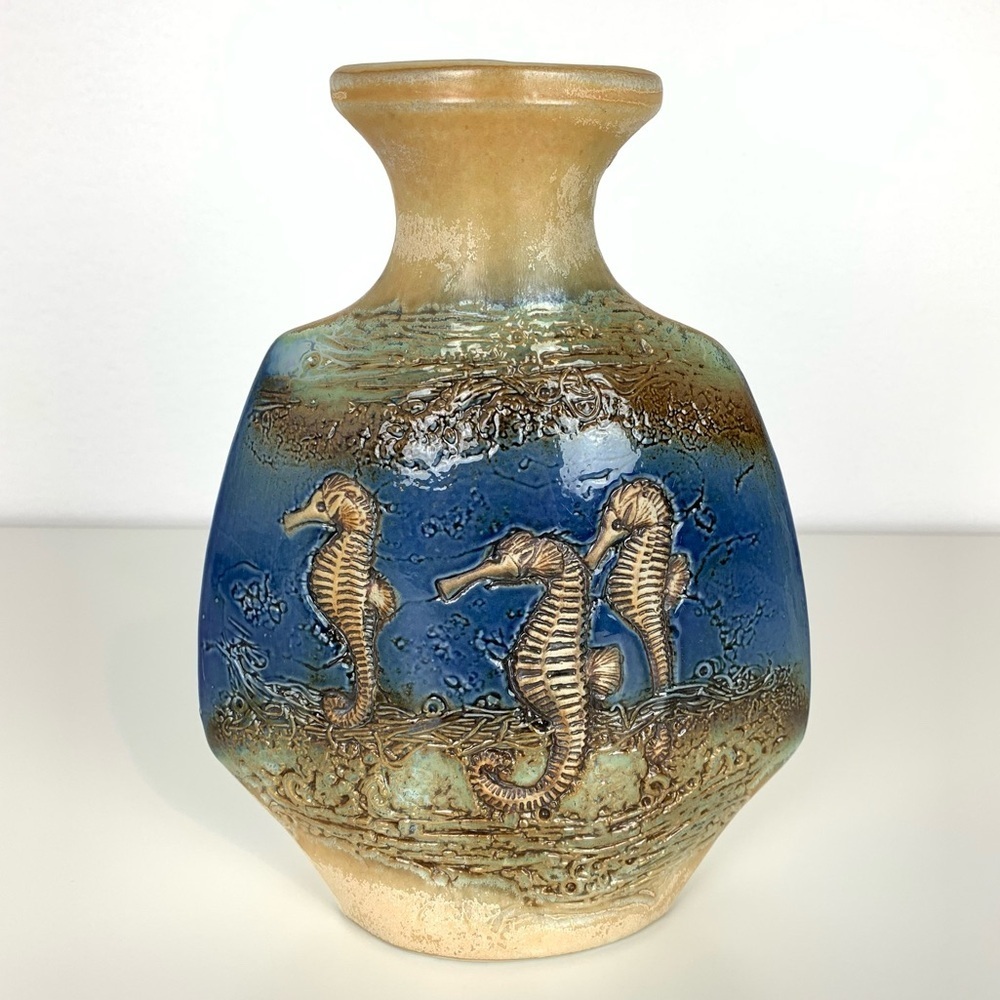 Tenmoku Pottery Vase Malaysia Hippocampus Seahorse Marine Life 3D Textured Vtg